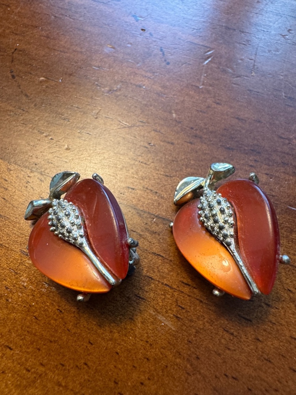 Orange Heart Glass Clip-On Earrings with Silver Leaf Detail